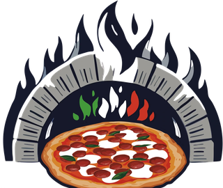 Ferruccio's Pizza logo, a brick oven with tricolore flames and a pizza